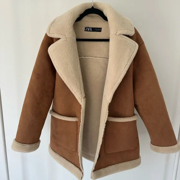Zara Double Faced Shearling Coat with Patch Pockets, NWOT - Picture 2 of 5